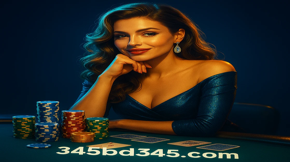 bd345 লাইভ গেমিং-এ এক সুন্দর ডিলার পোকার টেবিলে ১০০% স্বাগতম বোনাসসহ খেলার আমন্ত্রণ জানাচ্ছেন; তাঁর চারপাশে চিপস ও ভাসমান সোনা কয়েন ছড়িয়ে রয়েছে।