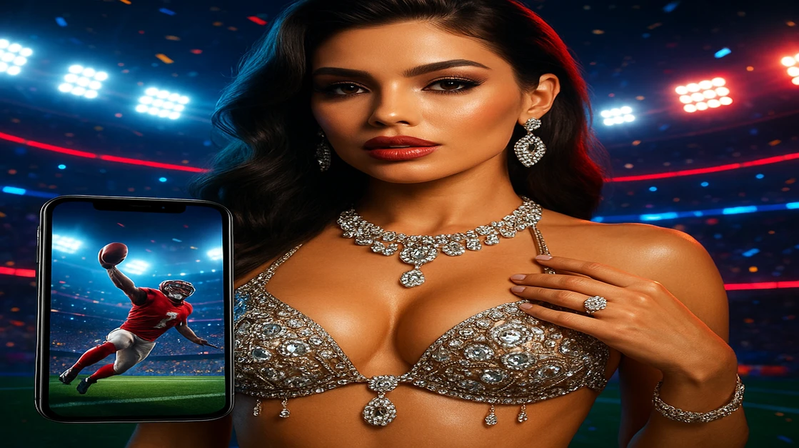 একটি দীপ্তিময় নারী আলংকারিক পোশাকে দাঁড়িয়ে একটি স্মার্টফোনে bd345 স্পোর্টস গেমিং অ্যাপটি দেখছেন, ভীড়ে ঠাসা স্টেডিয়াম-পটভূমি সহ।